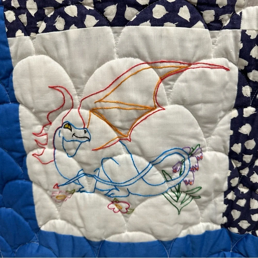 Vintage Hand stitched dragon quilt whimisical fairytale blanket